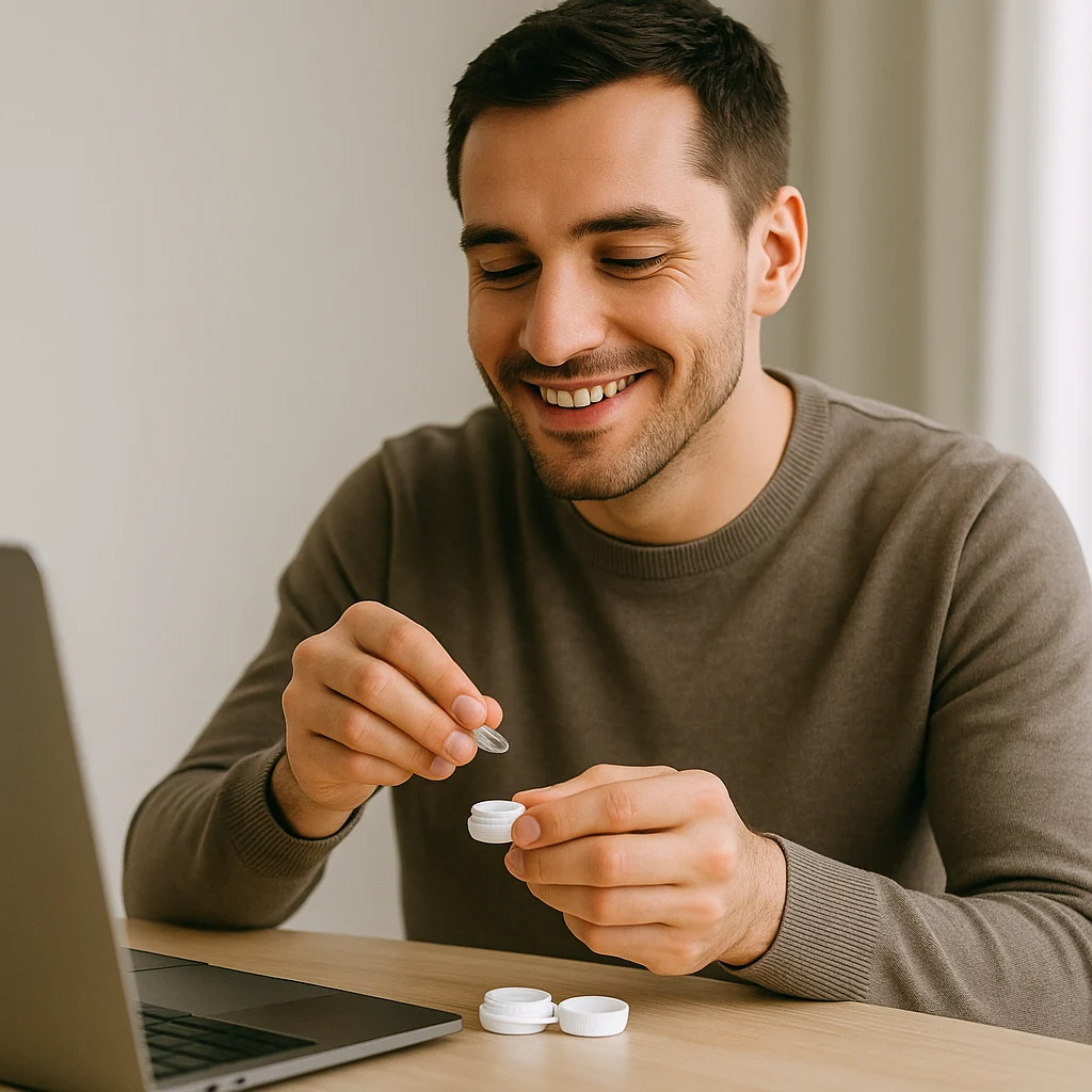 Uomo che ripone lenti a contatto mensili con sfondo scrivania e pc da ufficio