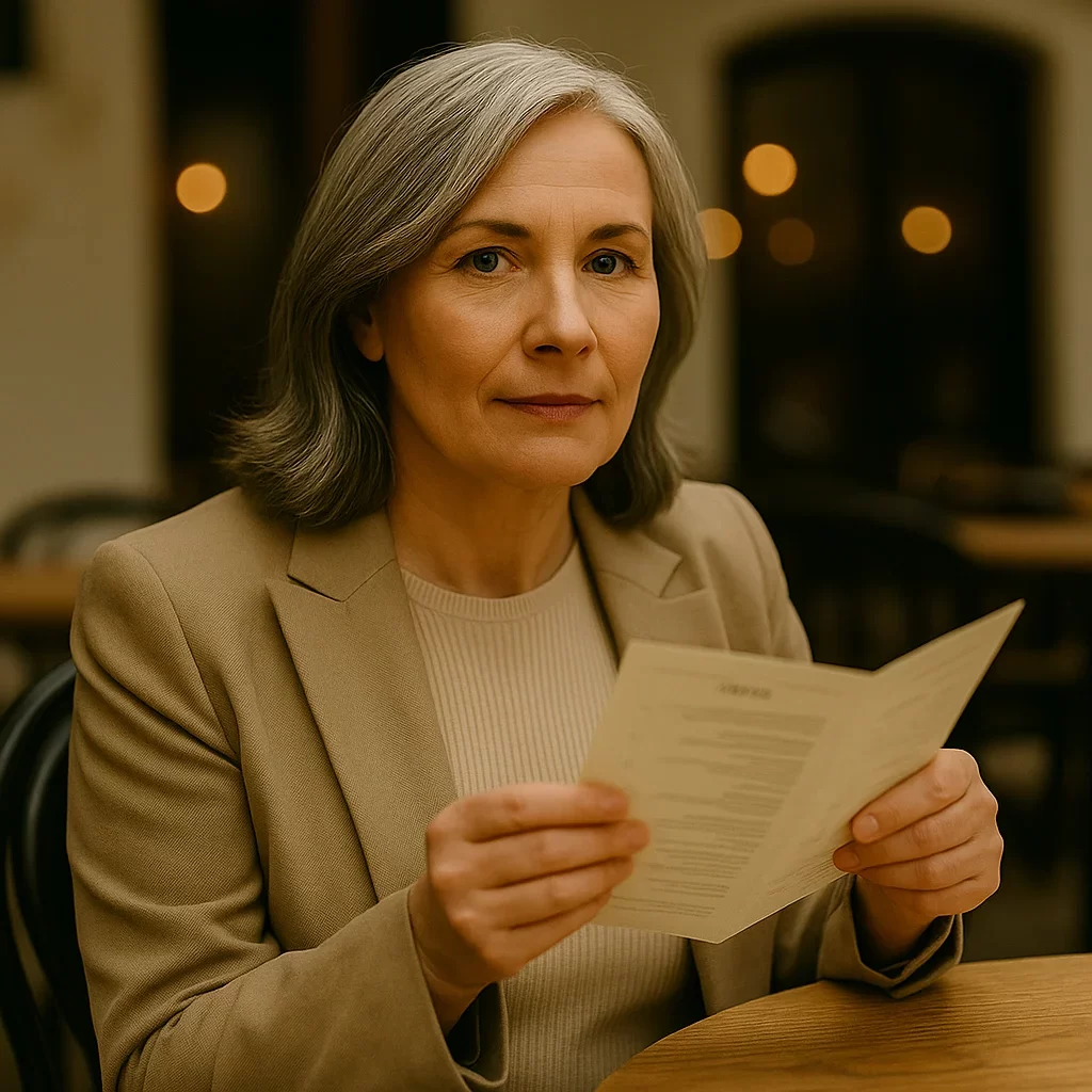 Donna di mezza età che legge un menu in un bistrot all’aperto indossando lenti a contatto multifocali, ottica marangon a Torino
