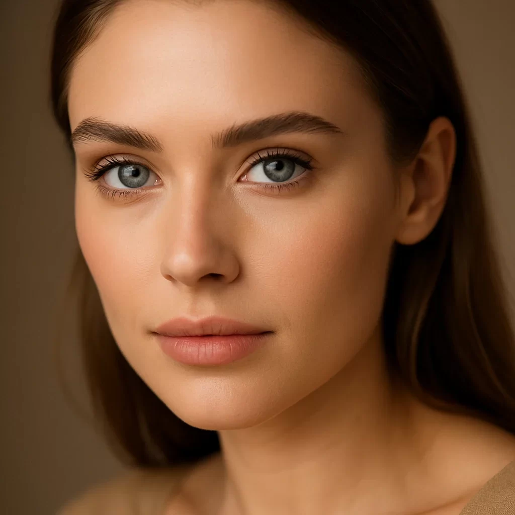 Primo piano di uno sguardo con lenti a contatto cosmetiche color ceruleo, makeup naturale e luce soft da boutique