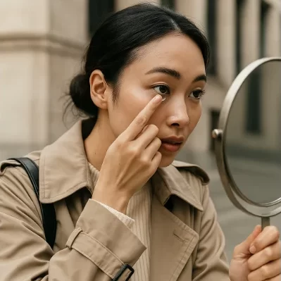 Primo piano elegante di una donna che indossa lenti a contatto davanti a uno specchio