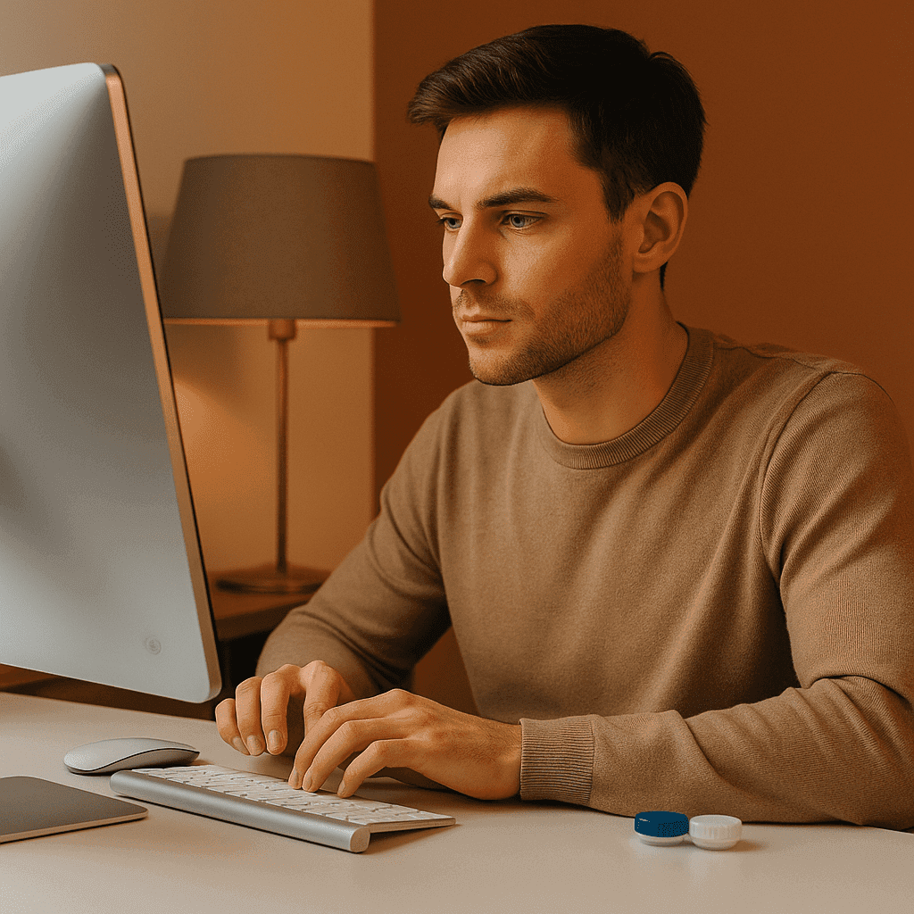 Giovane uomo che lavora al computer con lenti a contatto toriche su scrivania ordinata, luce calda.